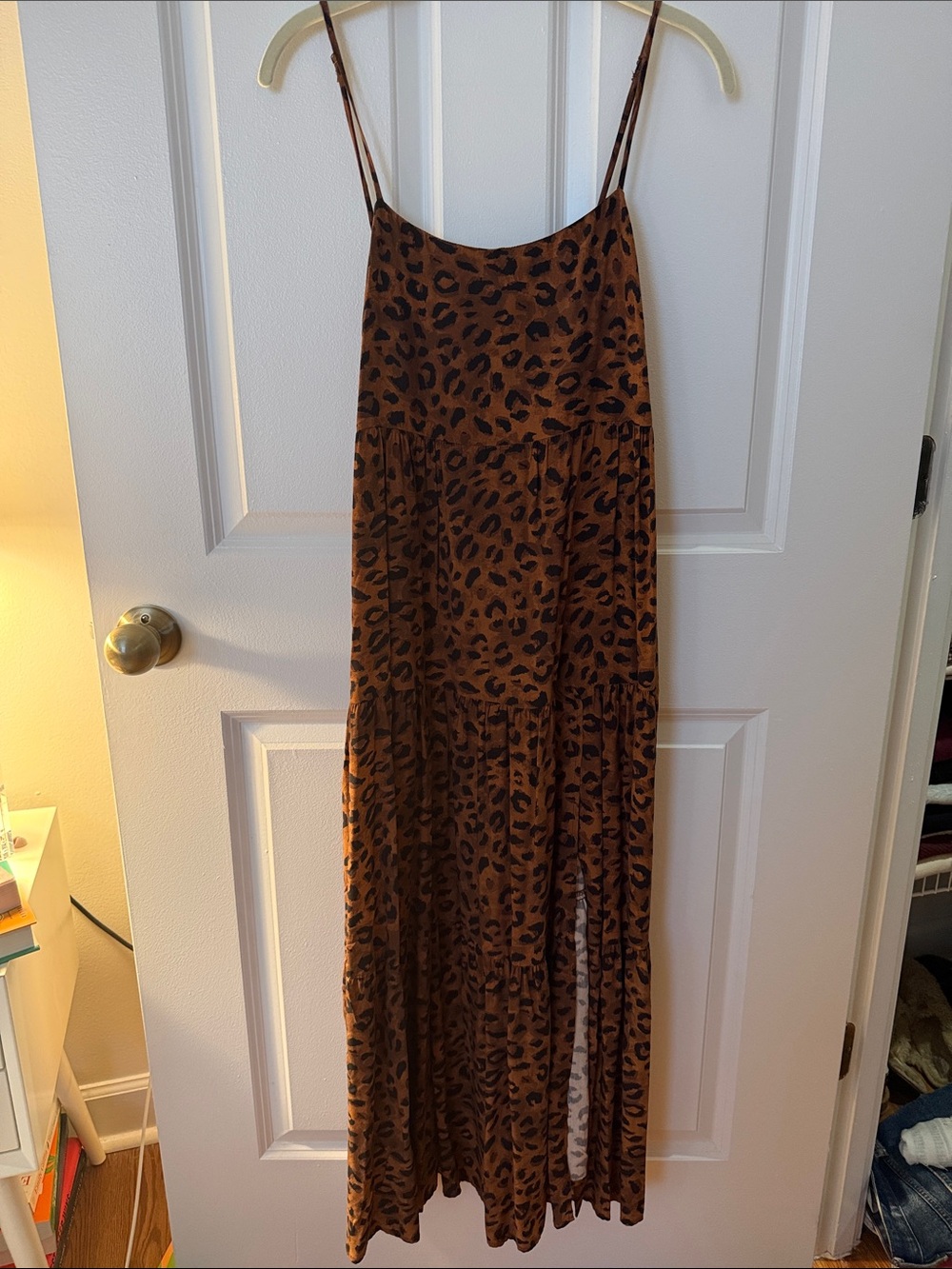 Leopard Print Brown Maxi Dress with Spaghetti Straps